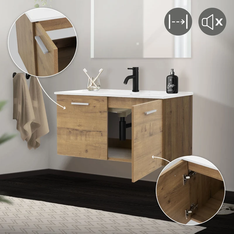 Badmöbel Set 3-Teilig Roteiche aus MDF 90cm Breite ML-Design