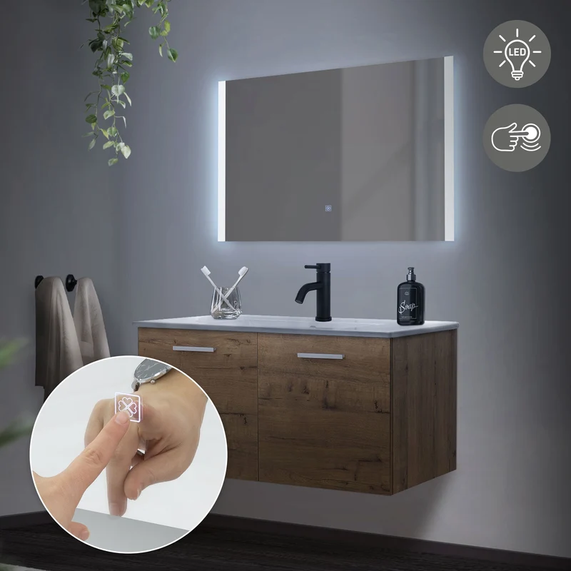 Badmöbel Set 3-Teilig Roteiche aus MDF 90cm Breite ML-Design