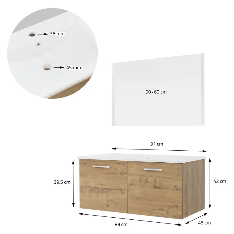 Badmöbel Set 3-Teilig Roteiche aus MDF 90cm Breite ML-Design