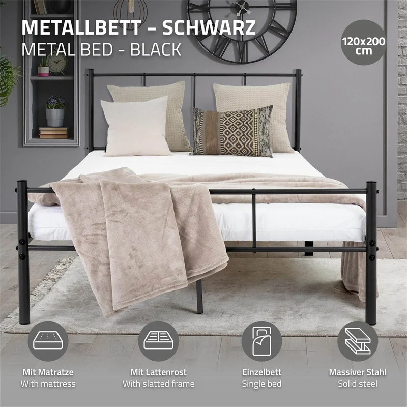 Metallbett 120x200 cm Schwarz mit Lattenrost und Matratze mit Kopfteil ML-Design