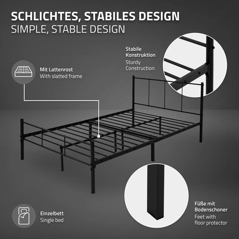 Metallbett 120x200 cm Schwarz mit Lattenrost und Matratze mit Kopfteil ML-Design