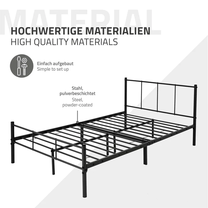 Metallbett 120x200 cm Schwarz mit Lattenrost und Matratze mit Kopfteil ML-Design