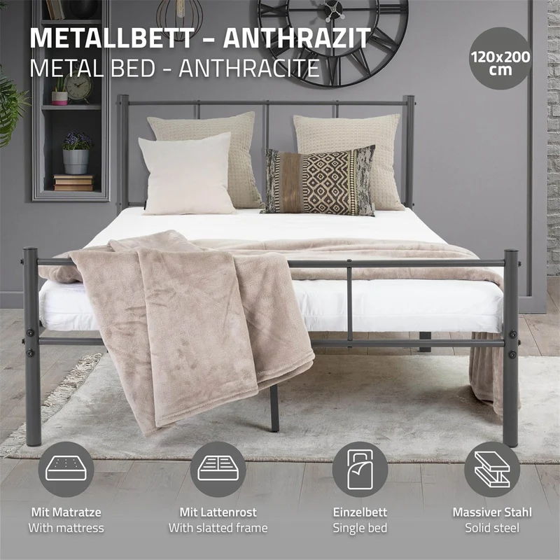 Bettgestell Einzelbett Metallbett 120x200 cm Anthrazit inkl. Matratze H-16cm mit Lattenrost & Kopfteil ML-Design