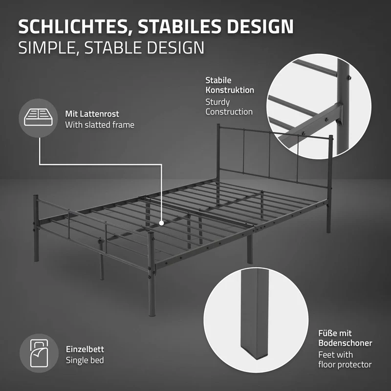 Bettgestell Einzelbett Metallbett 120x200 cm Anthrazit inkl. Matratze H-16cm mit Lattenrost & Kopfteil ML-Design
