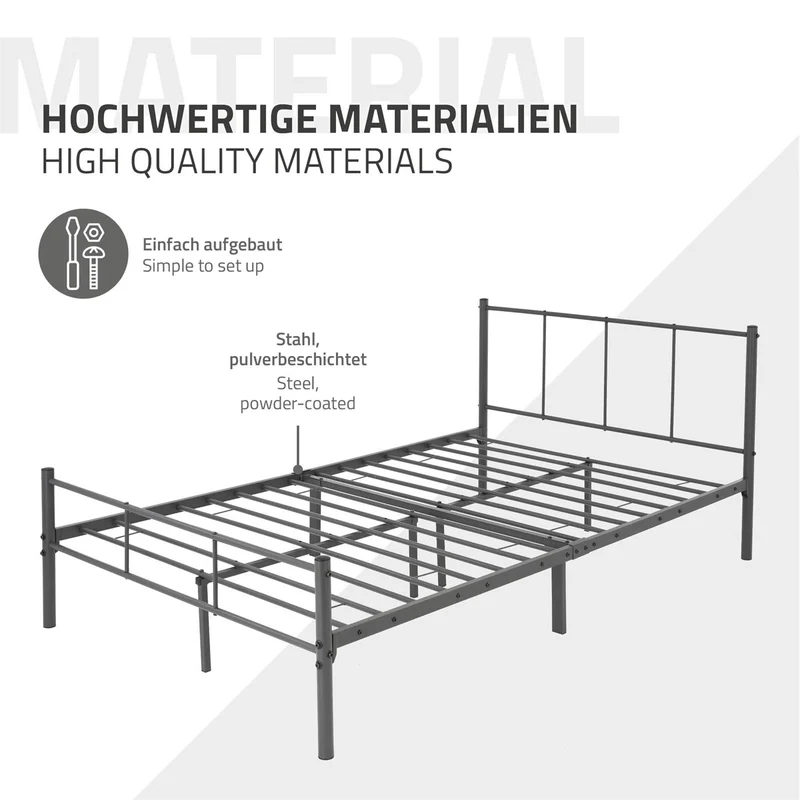 Bettgestell Einzelbett Metallbett 120x200 cm Anthrazit inkl. Matratze H-16cm mit Lattenrost & Kopfteil ML-Design