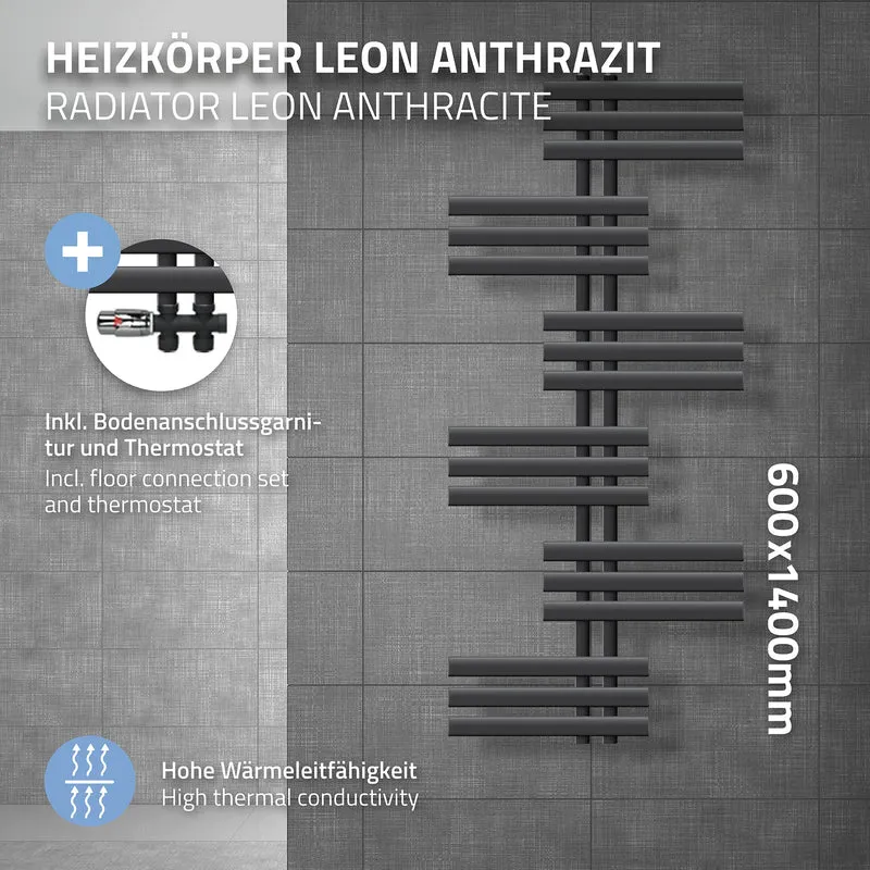 Badheizkörper Leon 600x1400 mm Anthrazit mit Boden Anschlussgarnitur