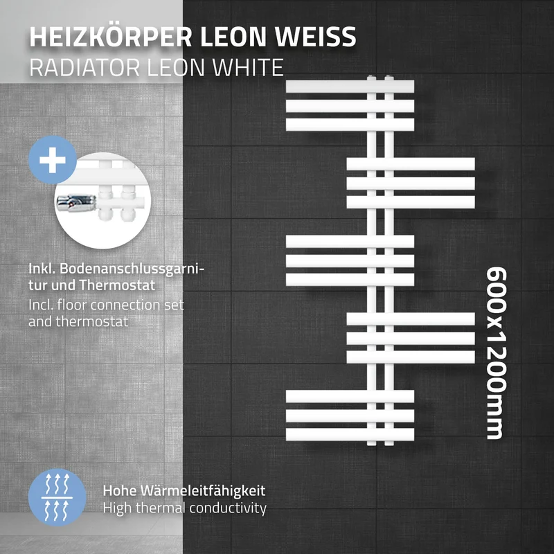 Badheizkörper Leon 600x1200 mm Weiß mit Boden Anschlussgarnitur