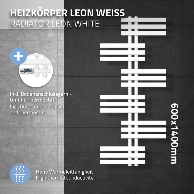 Badheizkörper Leon 600x1400 mm Weiß mit Boden Anschlussgarnitur