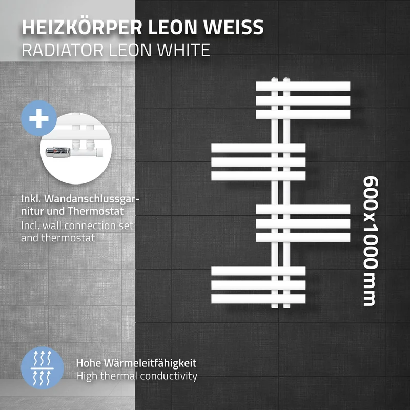 Badheizkörper Leon 600x1000 mm Weiß mit Wand Anschlussgarnitur