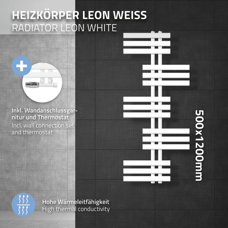 Badheizkörper Leon 500x1200 mm Weiß mit Wand Anschlussgarnitur
