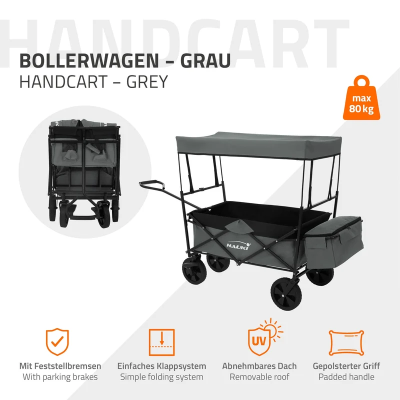 HAUKI | Bollerwagen faltbar mit Dach und Tasche bis 80 kg aus Stahl Grau Transportwagen Handwagen klappbar für Kinder, Picknick, Camping & Garten