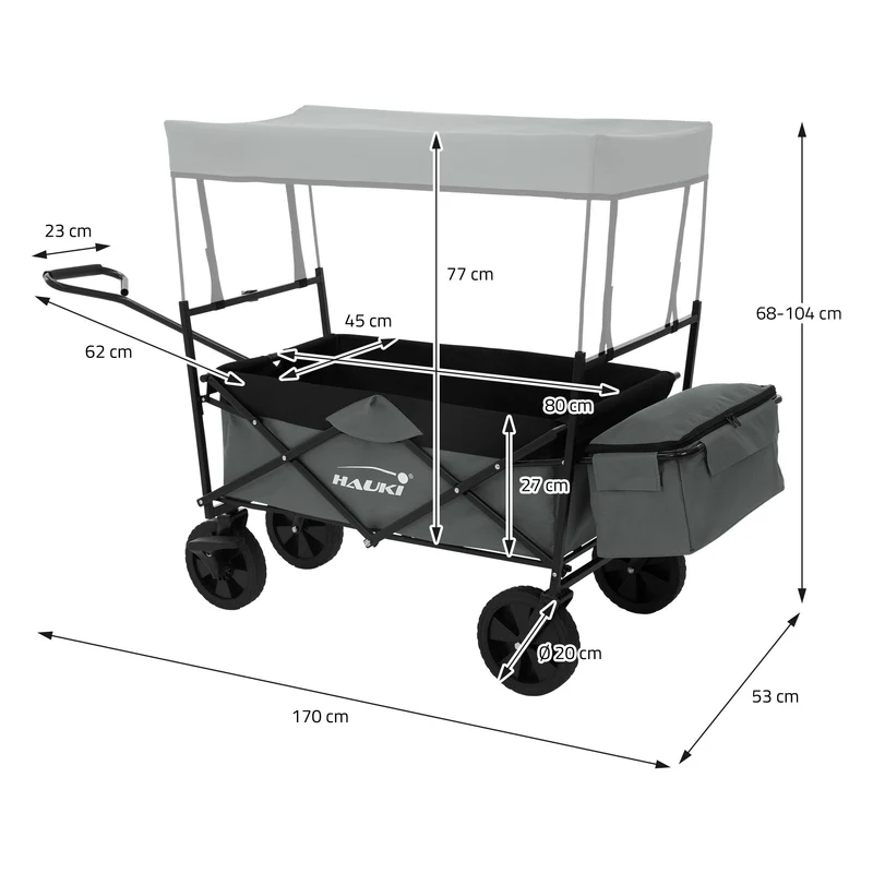 HAUKI | Bollerwagen faltbar mit Dach und Tasche bis 80 kg aus Stahl Grau Transportwagen Handwagen klappbar für Kinder, Picknick, Camping & Garten