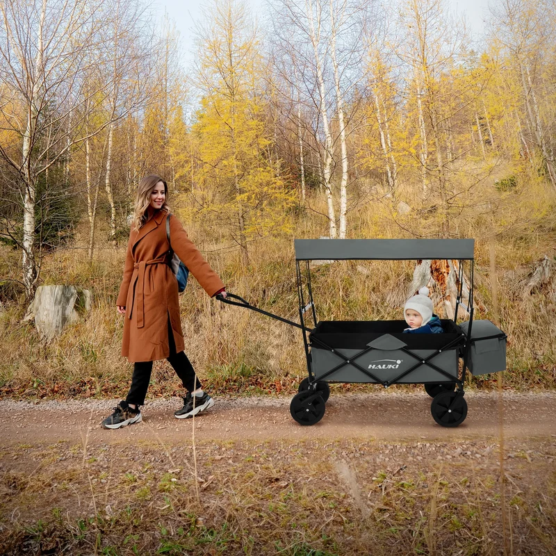 HAUKI | Bollerwagen faltbar mit Dach und Tasche bis 80 kg aus Stahl Grau Transportwagen Handwagen klappbar für Kinder, Picknick, Camping & Garten