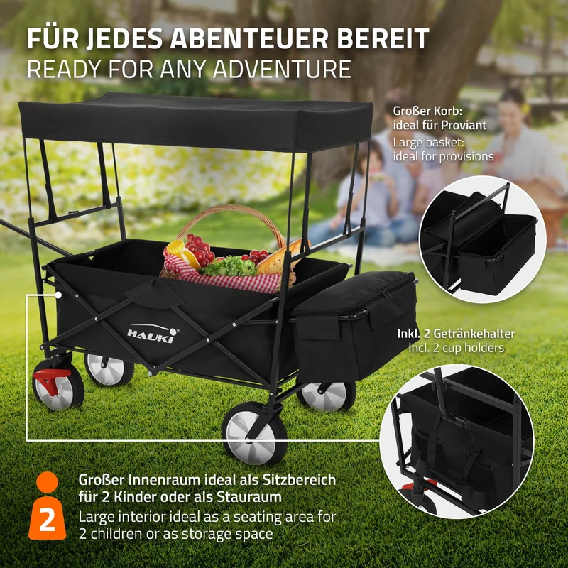 HAUKI | Bollerwagen faltbar mit Dach und Tasche bis 80 kg aus Stahl Schwarz Transportwagen Handwagen klappbar für Kinder, Picknick, Camping & Garten