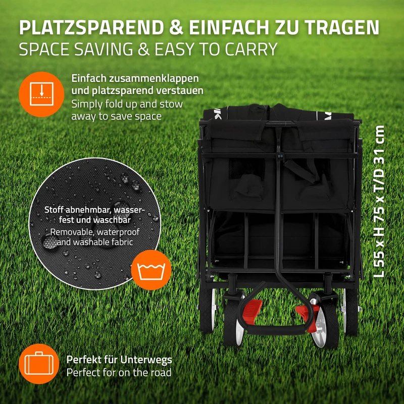 HAUKI | Bollerwagen faltbar mit Dach und Tasche bis 80 kg aus Stahl Schwarz Transportwagen Handwagen klappbar für Kinder, Picknick, Camping & Garten