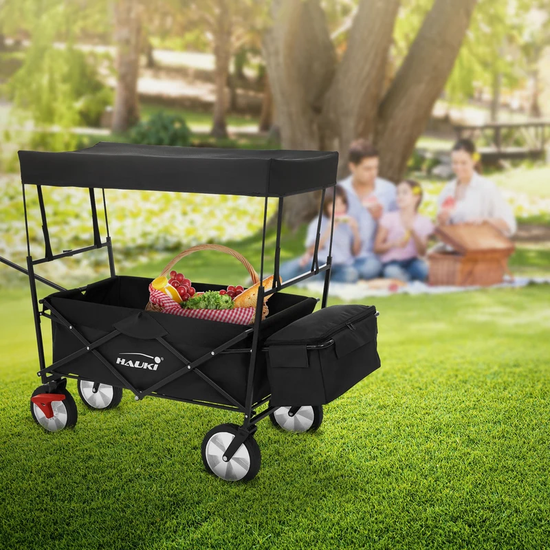 HAUKI | Bollerwagen faltbar mit Dach und Tasche bis 80 kg aus Stahl Schwarz Transportwagen Handwagen klappbar für Kinder, Picknick, Camping & Garten