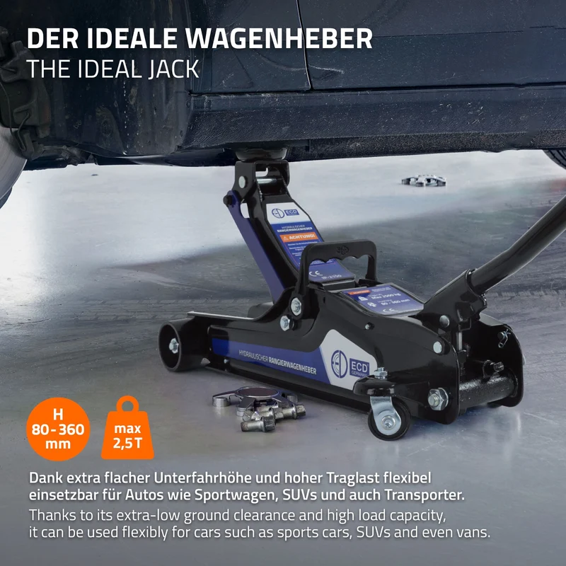 Wagenheber hydraulisch 2,5T Rangierwagenheber tragbar inkl. 2x Gummiauflage & SUV-Adapter