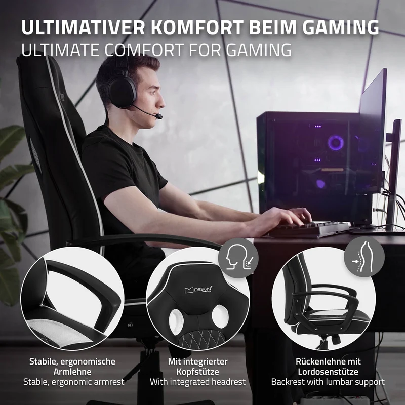Gamingstuhl mit Wippfunktion breite Sitzfläche Schwarz/Weiß aus Kunstleder ML-Design
