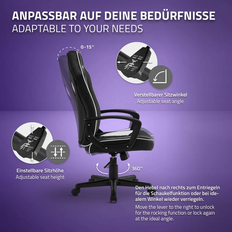 Gamingstuhl mit Wippfunktion breite Sitzfläche Schwarz/Weiß aus Kunstleder ML-Design
