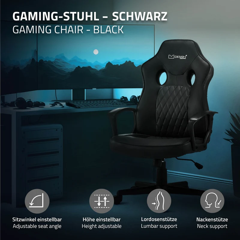 Gamingstuhl mit Wippfunktion breite Sitzfläche Schwarz aus Kunstleder ML-Design