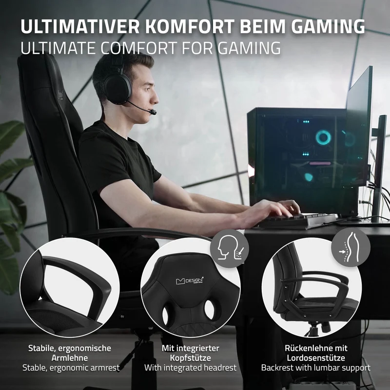 Gamingstuhl mit Wippfunktion breite Sitzfläche Schwarz aus Kunstleder ML-Design