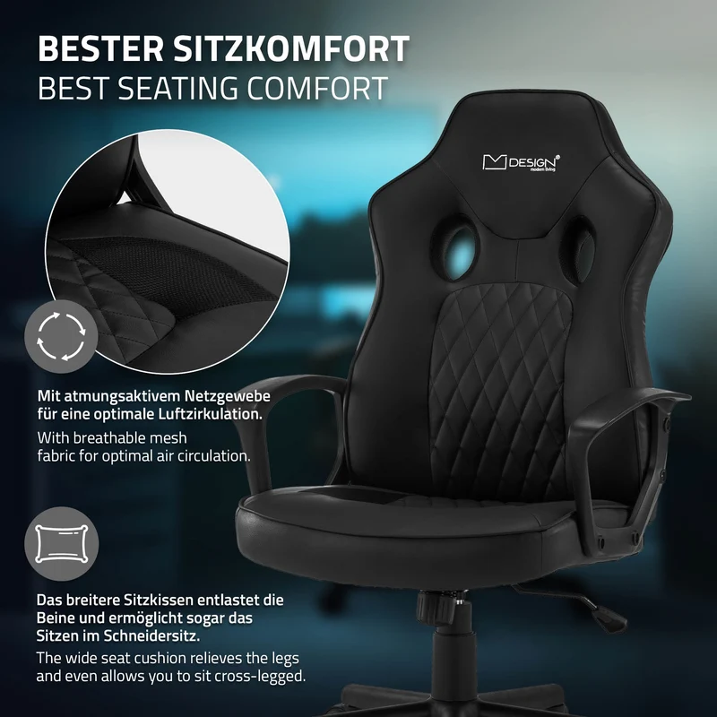 Gamingstuhl mit Wippfunktion breite Sitzfläche Schwarz aus Kunstleder ML-Design
