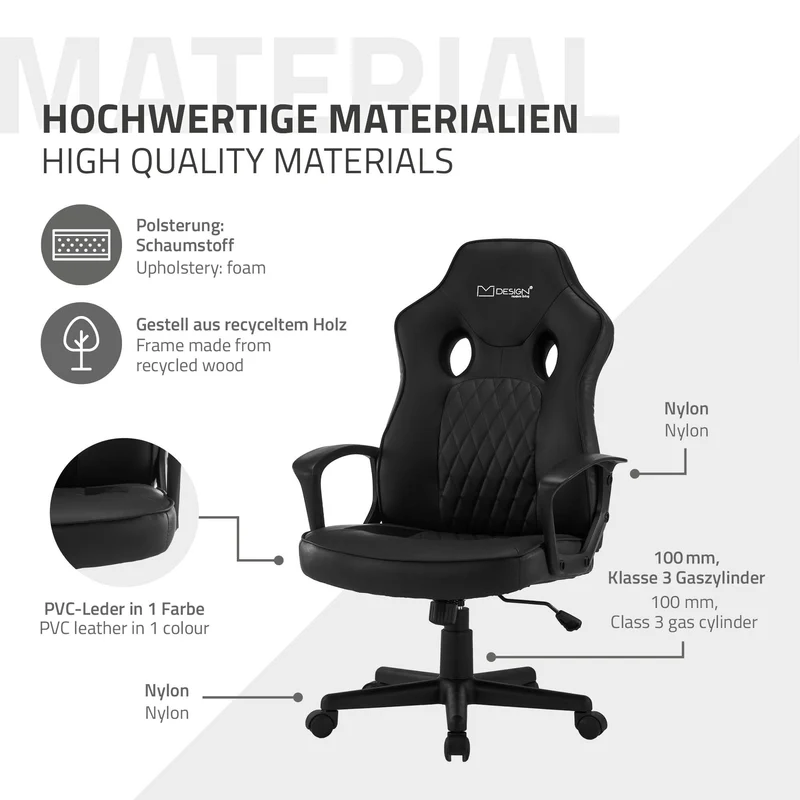 Gamingstuhl mit Wippfunktion breite Sitzfläche Schwarz aus Kunstleder ML-Design