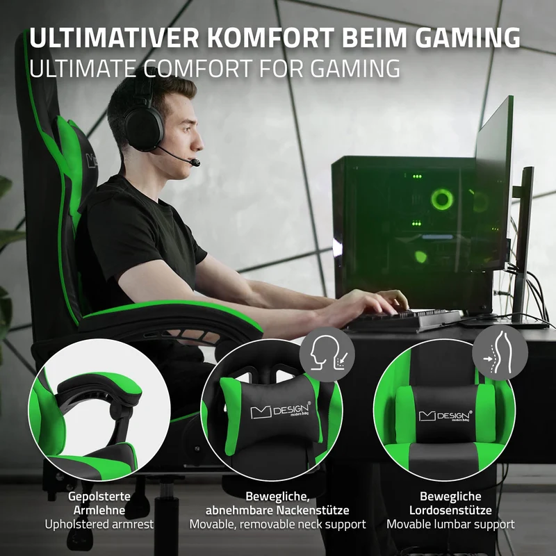 Massage Gaming Stuhl Schwarz/Grün aus PU-Leder ML-Design