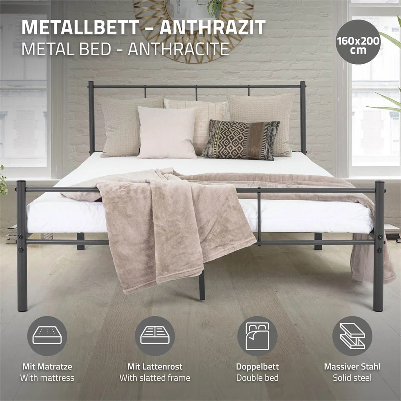 Bettgestell Dopplbett Metallbett 160x200 cm Anthrazit inkl. Matratze H-16cm mit Lattenrost & Kopfteil ML-Design