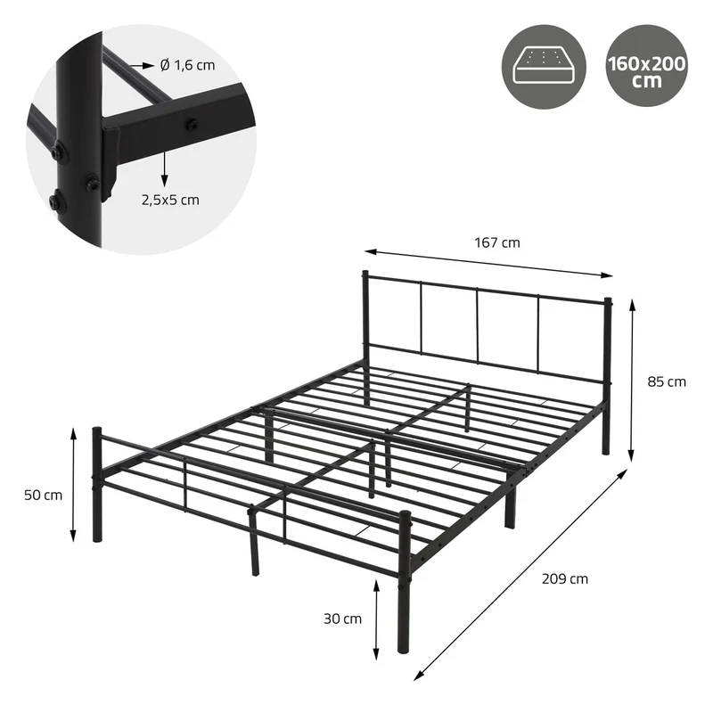 Metallbett 160x200 cm Schwarz mit Lattenrost und Matratze mit Kopfteil ML-Design