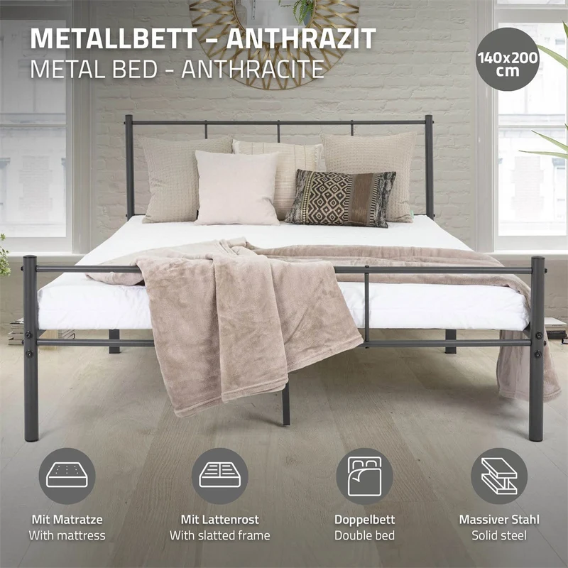 Bettgestell Einzelbett Metallbett 140x200 cm Anthrazit inkl. Matratze H-16cm mit Lattenrost & Kopfteil ML-Design