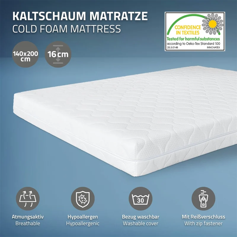 Bettgestell Einzelbett Metallbett 140x200 cm Anthrazit inkl. Matratze H-16cm mit Lattenrost & Kopfteil ML-Design