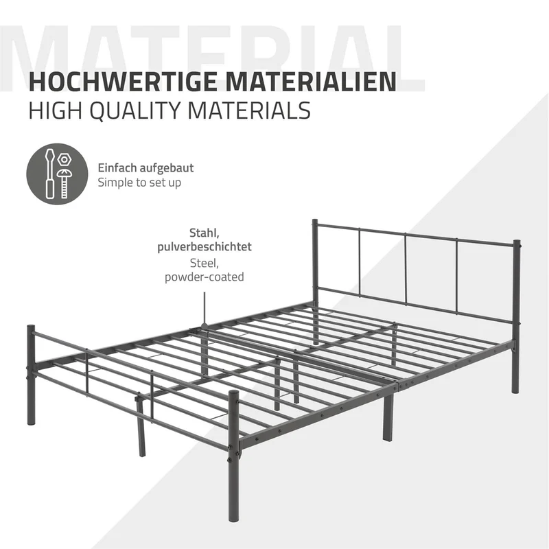 Bettgestell Einzelbett Metallbett 140x200 cm Anthrazit inkl. Matratze H-16cm mit Lattenrost & Kopfteil ML-Design