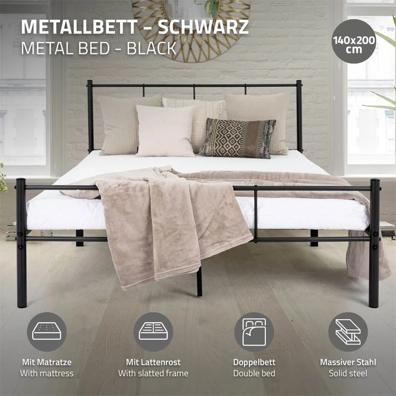 Metallbett 140x200 cm Schwarz mit Lattenrost und Matratze mit Kopfteil ML-Design