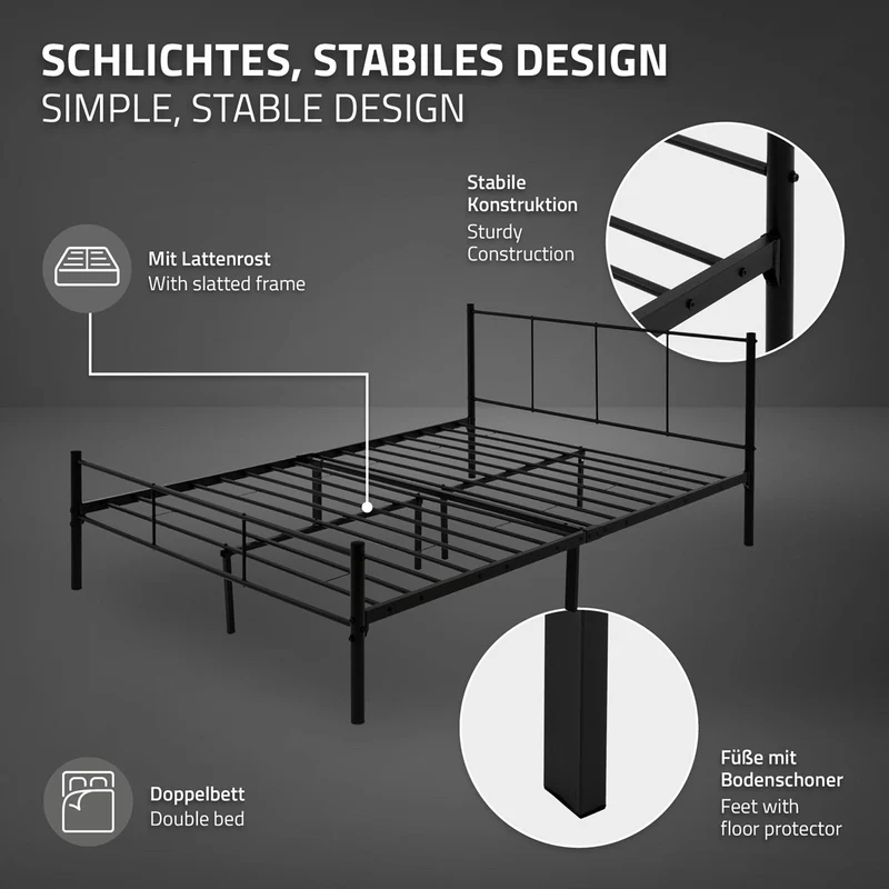 Metallbett 140x200 cm Schwarz mit Lattenrost und Matratze mit Kopfteil ML-Design
