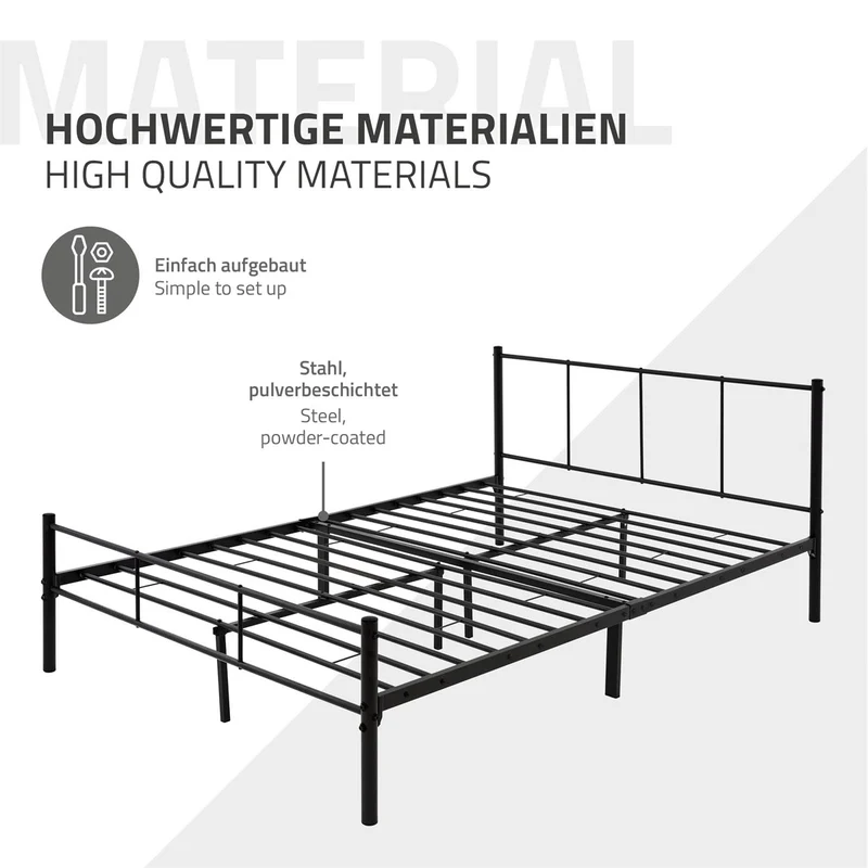 Metallbett 140x200 cm Schwarz mit Lattenrost und Matratze mit Kopfteil ML-Design