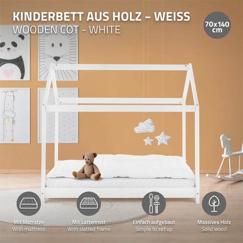 Kinderbett 70x140 cm Weiß aus Kiefernholz inkl. Matratze und Matratzenschoner ML-Design