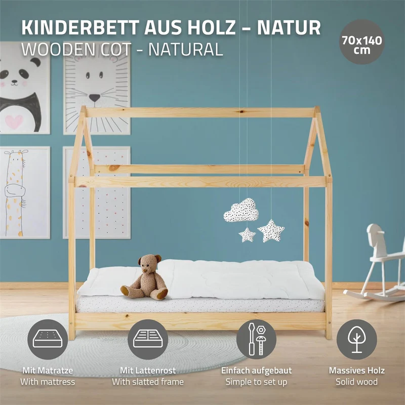 Kinderbett 70x140 cm Natur aus Kiefernholz inkl. Matratze und Matratzenschoner ML-Design