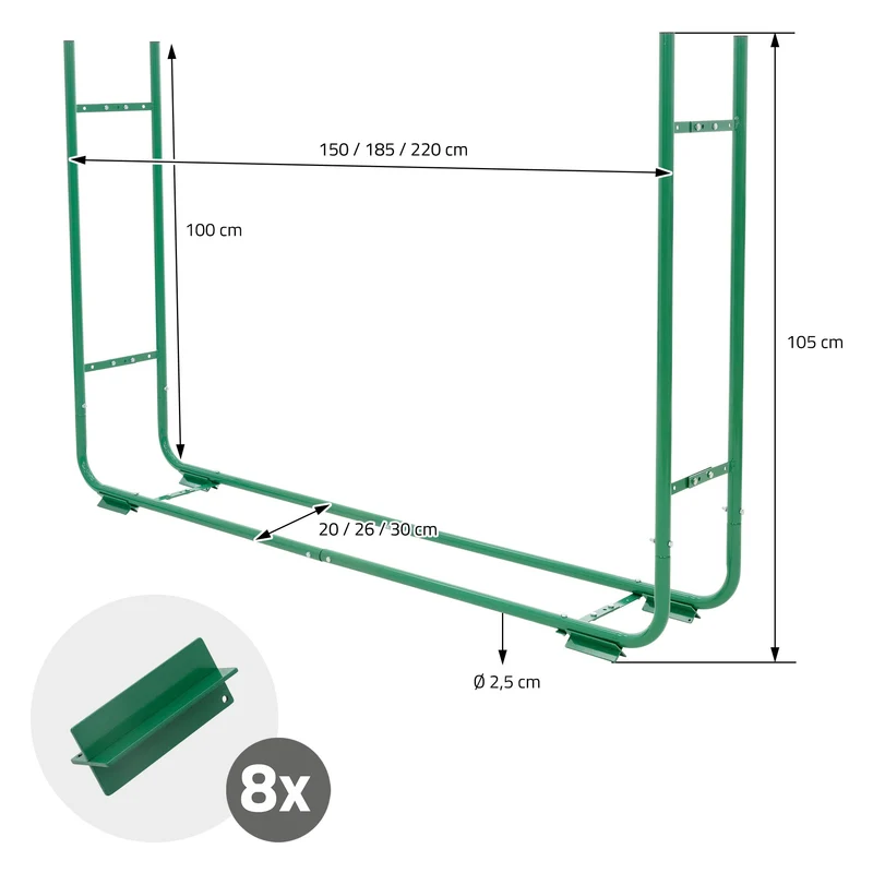 Kaminholzregal größenverstellbar 150-220 cm Länge 20-30 cm Breite Grün aus Metall