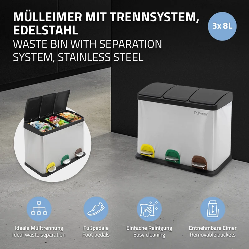 Mülleimer mit Trennsystem 3x 8L Silber aus Stahl ML-Design