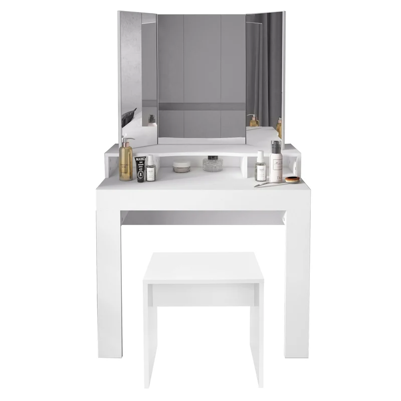 Schminktisch Frisiertisch 89,5x155x43,5 cm in Weiß mit Spiegel 3-tlg, 3 Ablagen & Hocker ML-Design