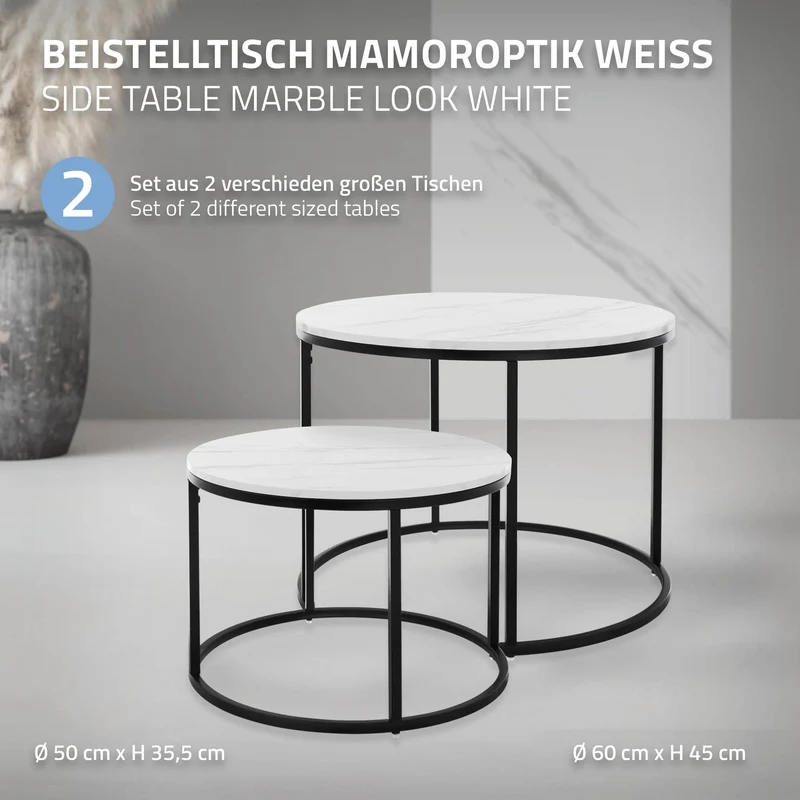 Beistelltisch 2er Set, 50cm & 60cm Ø, Schwarz/Weiß aus Metall und Holz in Marmoroptik ML-Design