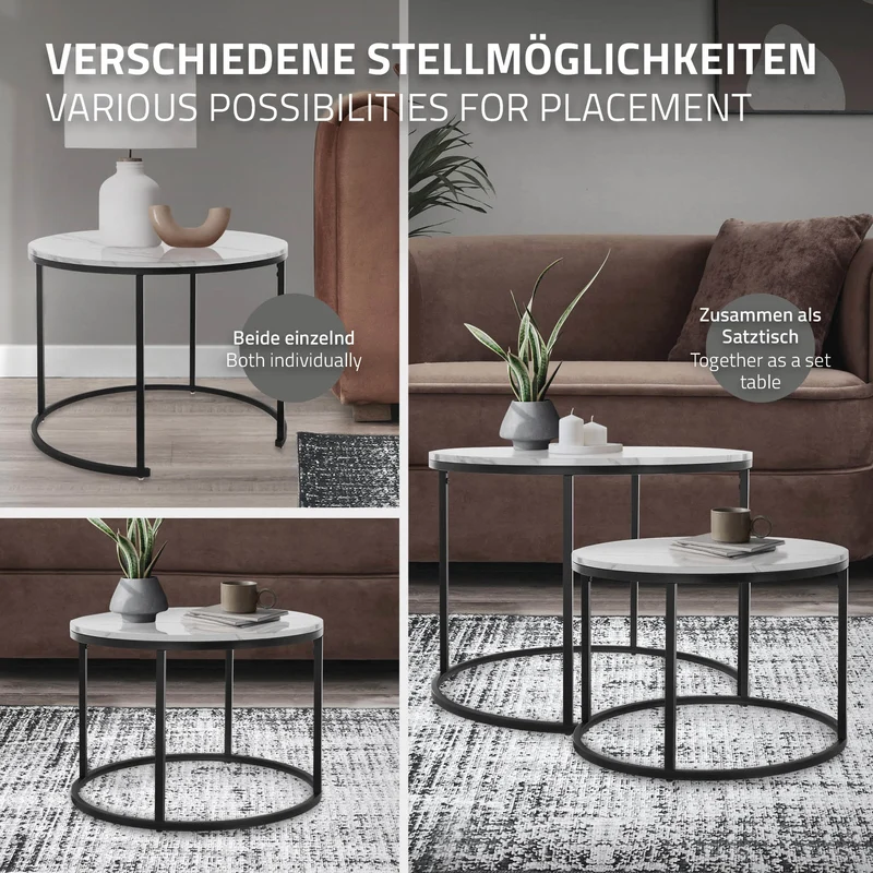 Beistelltisch 2er Set, 50cm & 60cm Ø, Schwarz/Weiß aus Metall und Holz in Marmoroptik ML-Design