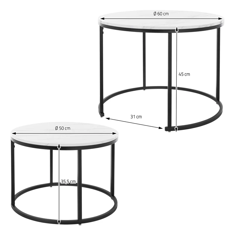 Beistelltisch 2er Set, 50cm & 60cm Ø, Schwarz/Weiß aus Metall und Holz in Marmoroptik ML-Design
