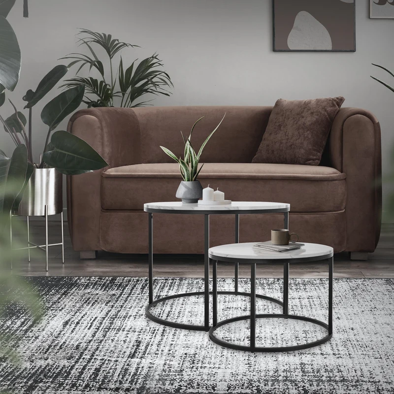 Beistelltisch 2er Set, 50cm & 60cm Ø, Schwarz/Weiß aus Metall und Holz in Marmoroptik ML-Design