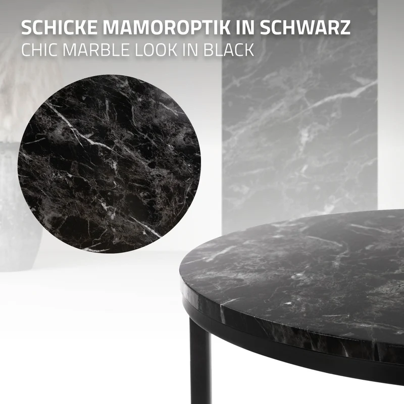 Beistelltisch 2er Set, 50cm & 60cm Ø, Schwarz aus Metall und Holz in Marmoroptik ML-Design