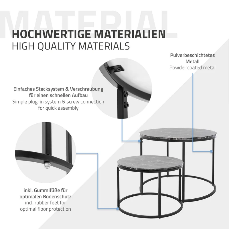 Beistelltisch 2er Set, 50cm & 60cm Ø, Schwarz aus Metall und Holz in Marmoroptik ML-Design