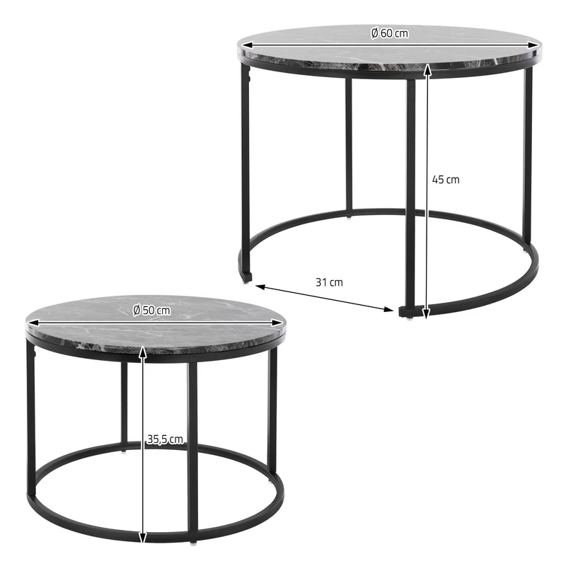 Beistelltisch 2er Set, 50cm & 60cm Ø, Schwarz aus Metall und Holz in Marmoroptik ML-Design