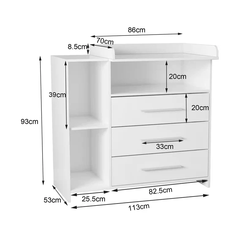 Wickelkommode mit drei Schubladen und Fächern 113x53x93 cm Weiß aus Holz ML-Design