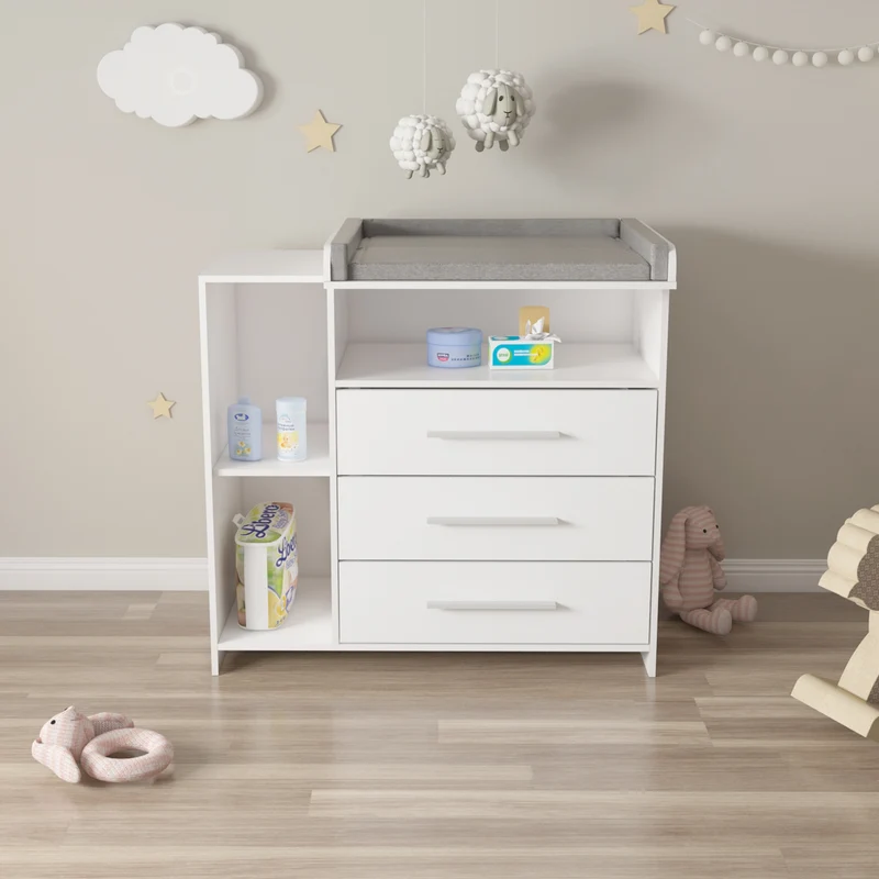 Wickelkommode mit drei Schubladen und Fächern 113x53x93 cm Weiß aus Holz ML-Design